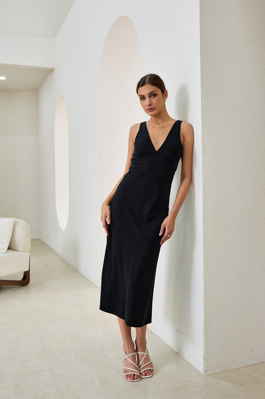 Heychic Aeisha Cupro Bias Midi Dress (Black)