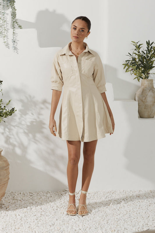 Image of Dresses. Productname: Heychic Aida Faux Leather PU Mini Dress in Beige colour by brand - Heychic