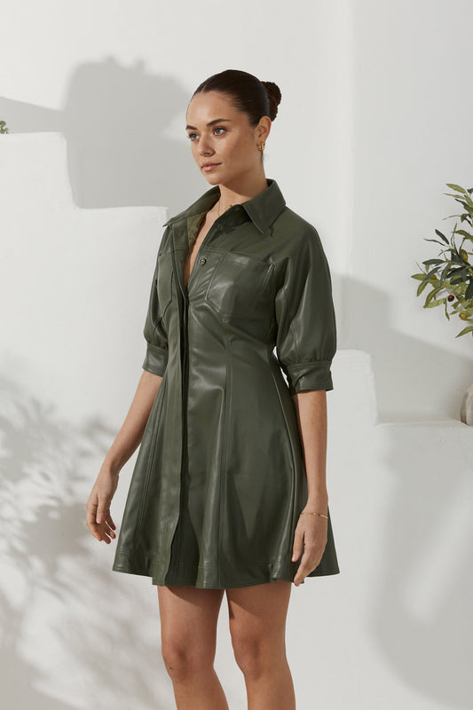 Heychic Aida Khaki Faux Leather PU Mini Dress (Green)