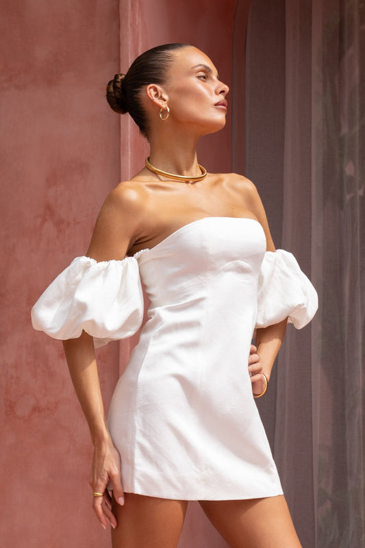 Heychic Penelope Puff Sleeve Mini Dress (White)