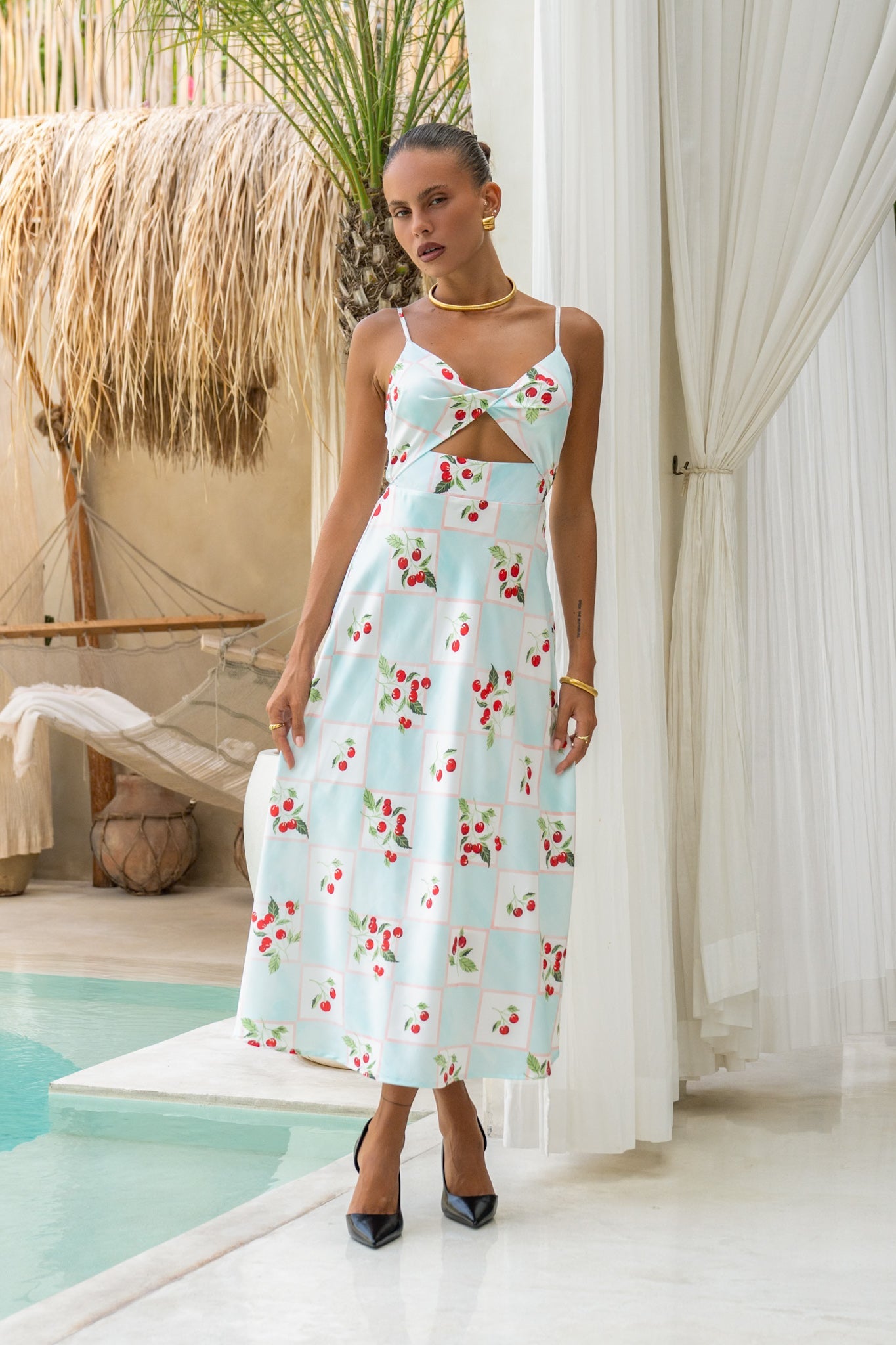 Heychic Cherry Red Abstract Twisted Midi Dress (Blue)