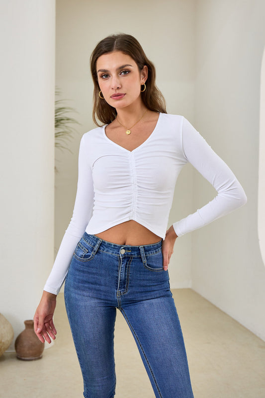 Heychic Jace Ruched Long Sleeve Crop Top (White)
