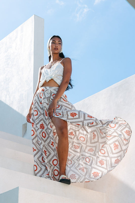 Heychic Savita Rust Tropical Tiered Maxi Skirt (Beige)