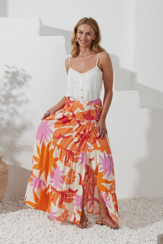 Heychic Calinda Abstract Tiered Maxi Skirt (Orange)