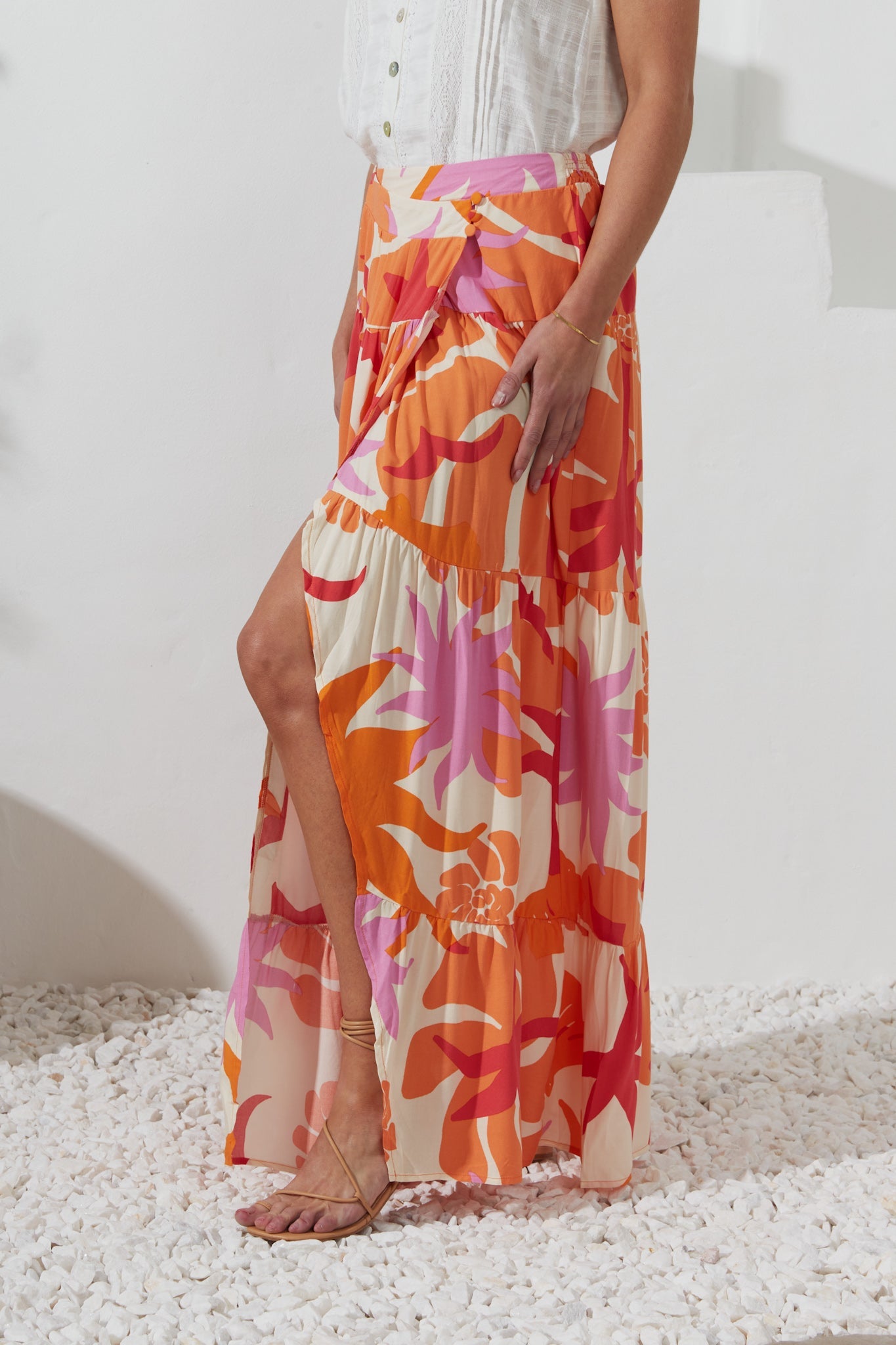 Heychic Calinda Abstract Tiered Maxi Skirt (Orange)