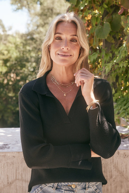 White & Co. The Refined Rib Long Sleeve Top (Black)