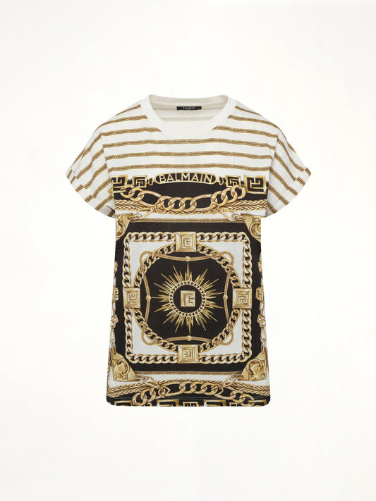 BALMAIN 3 BTNS Foulard Print T-Shirt (White/Black/Gold)