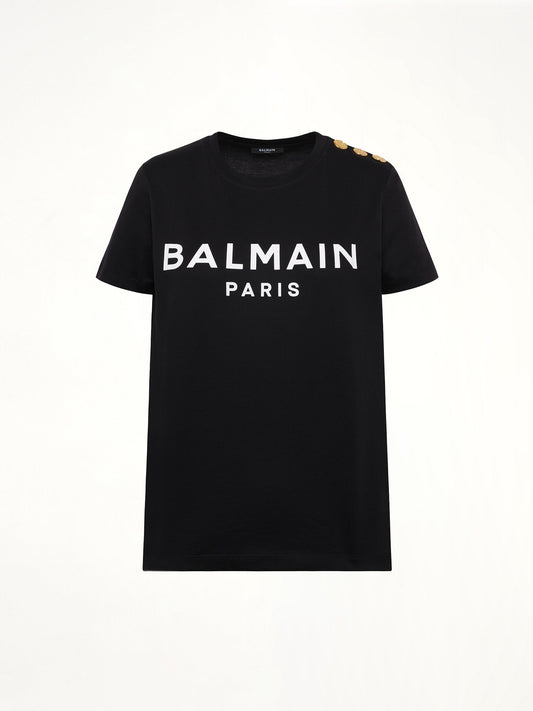 BALMAIN 3 Button Logo Print T-Shirt (Black/White)
