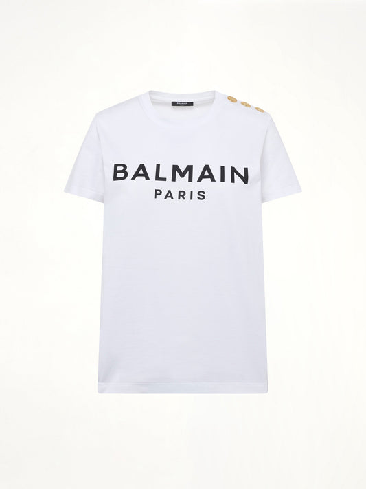 BALMAIN 3 Button Printed Logo Classic Fit T-Shirt (White/Black)