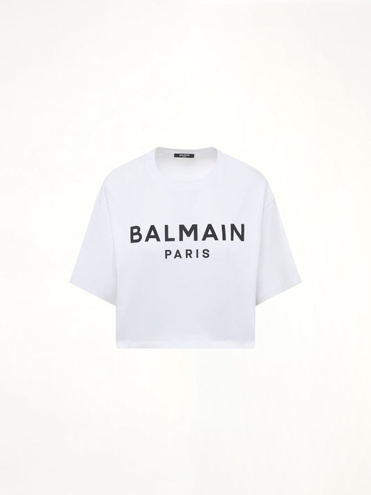BALMAIN Logo Print Cropped T-Shirt (White)