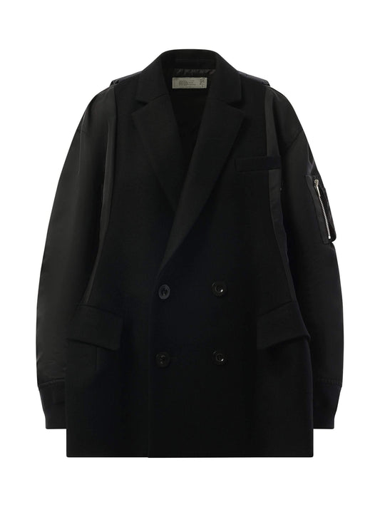 SACAI Wool Melton x Nylon Twill Quilted Coat (Black)