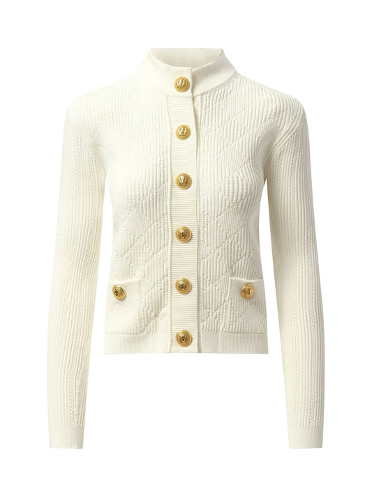 BALMAIN Buttoned 2 Pockets Vichy Knit Cardigan (White)
