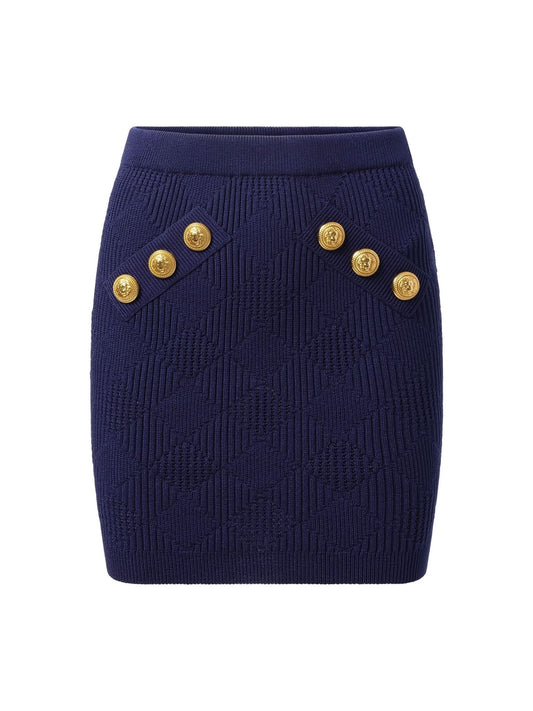 BALMAIN 6 Button Vichy Knit Short Skirt (Midnight Blue)