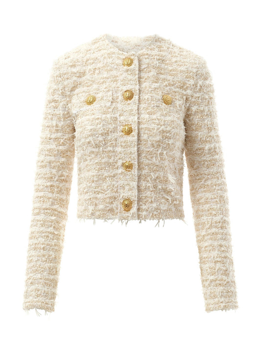 BALMAIN 2 Pockets Buttoned Tweed Knit Crop Jacket (White)