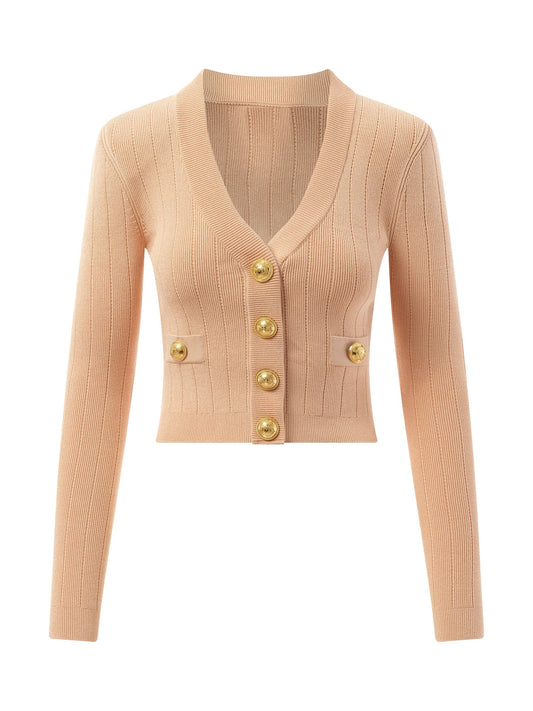 BALMAIN V-Neck 2 Pockets Buttoned Knit Cardigan (Nude Rose)