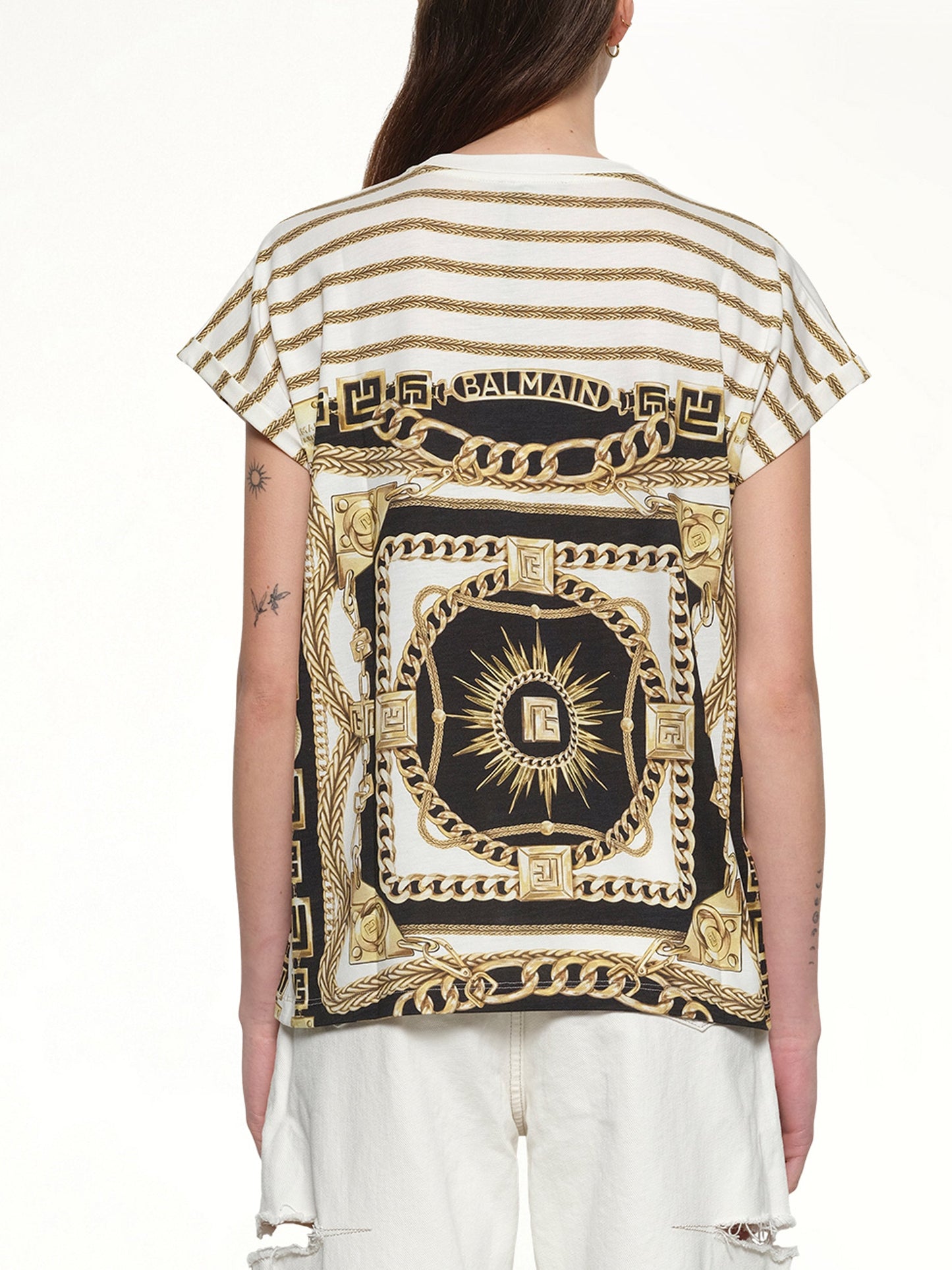 BALMAIN 3 BTNS Foulard Print T-Shirt (White)