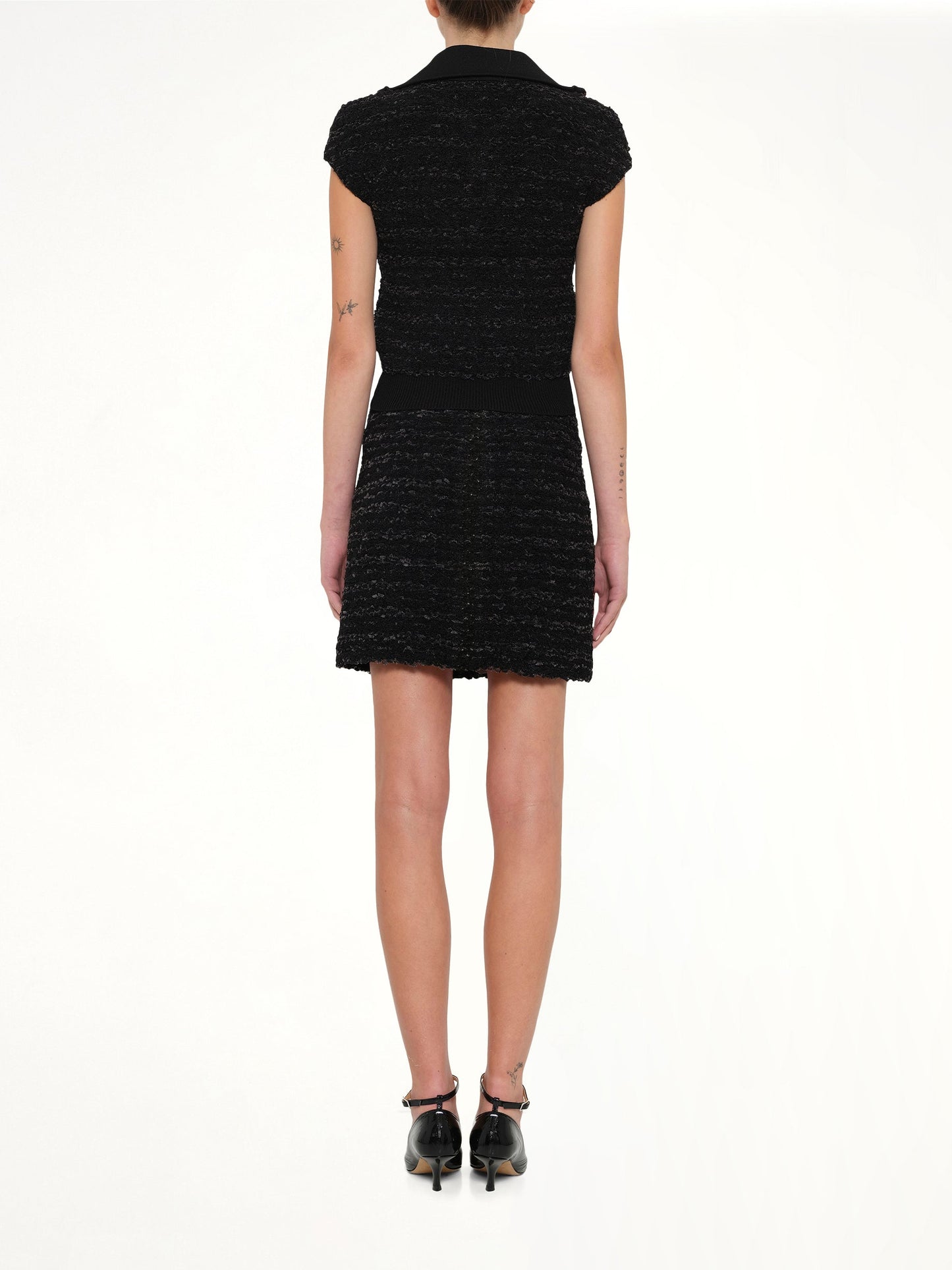 BALMAIN Zipped Short Sleeve Knit Tweed Top (Black)