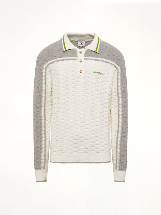 CASABLANCA Tennis Boucle Long Sleeve Polo Shirt (White)