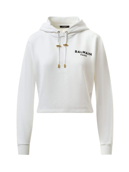 BALMAIN Balmain Flock Detail Cropped Hoodie (White Black)