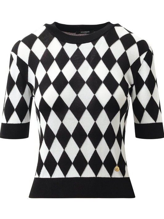 BALMAIN Short Sleeve Diamond Intarsia Knit Top (Black White)