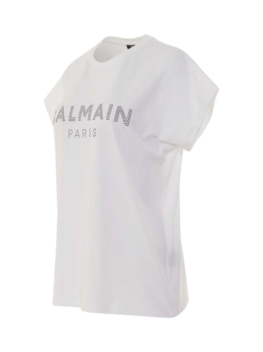 BALMAIN Short Sleeve Rhinestone Logo T-Shirt (White)