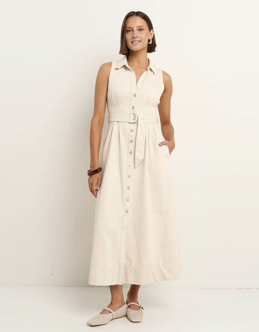 Among The Brave Crescent Denim Sleeveless Midi Shirt Dress (Ecru)