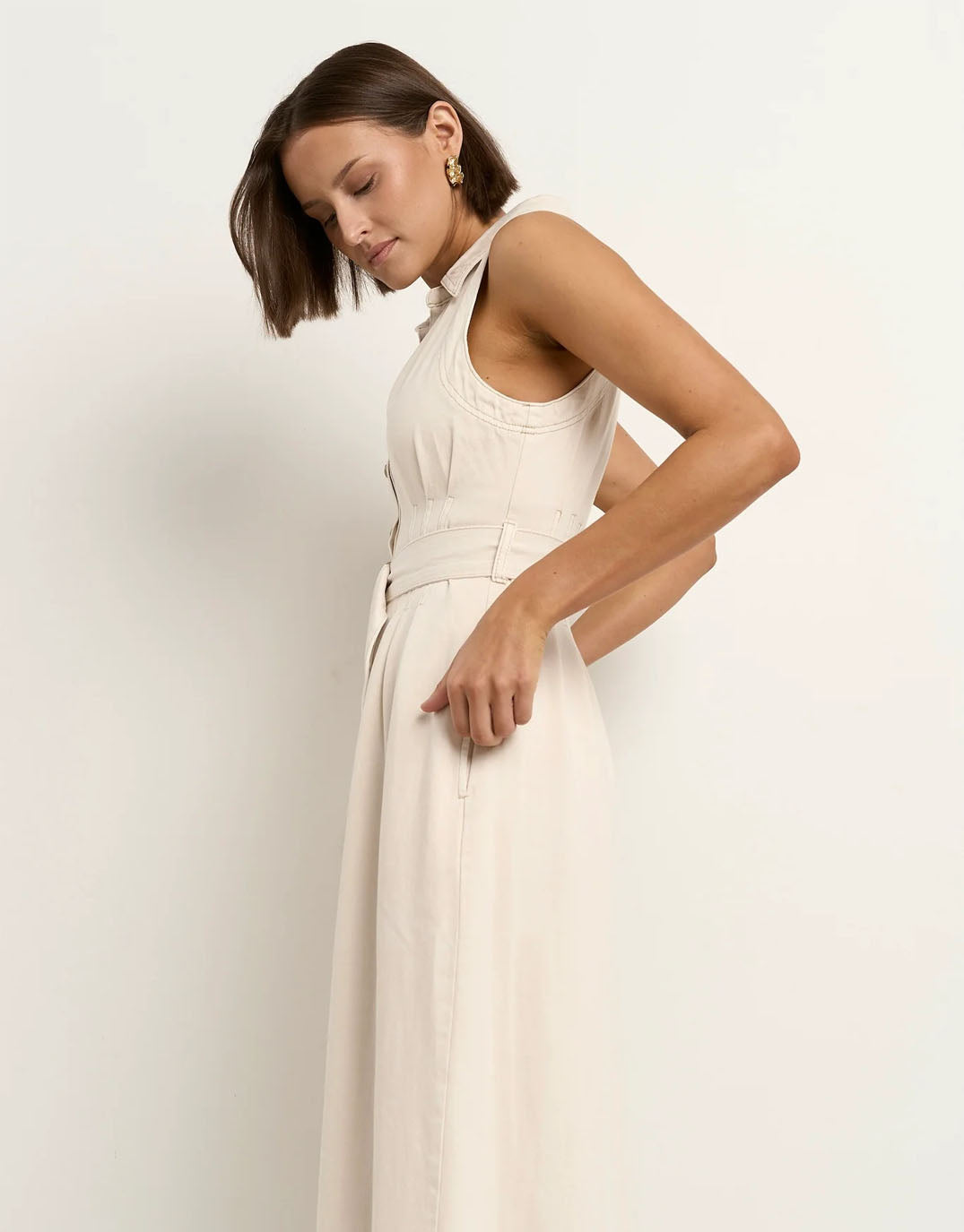 Among the Brave Crescent Denim Sleeveless Midi Shirt Dress (Ecru)