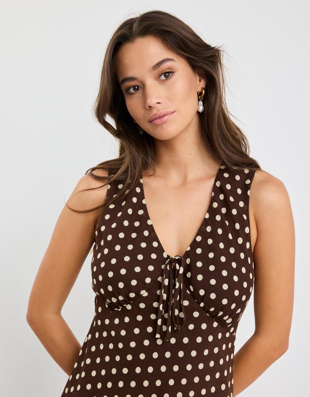 Among the Brave Infinity Sleeveless Bias Midi Dress (Chocolate Polka Dot)