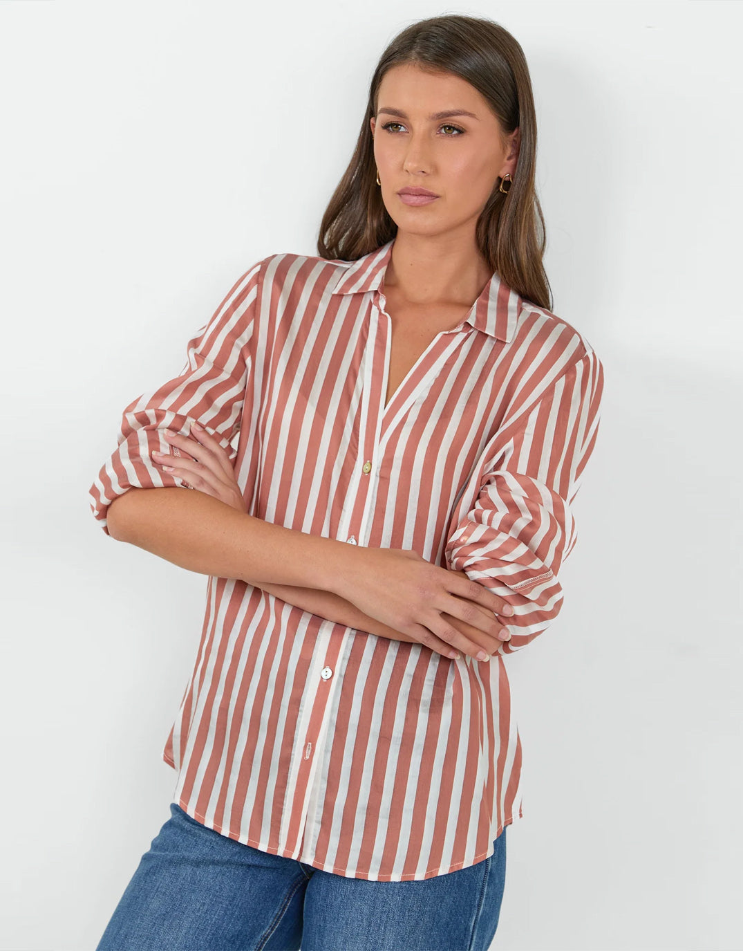 Among The Brave Narrative Semi Sheer Long Sleeve Shirt (Ochre Stripe)