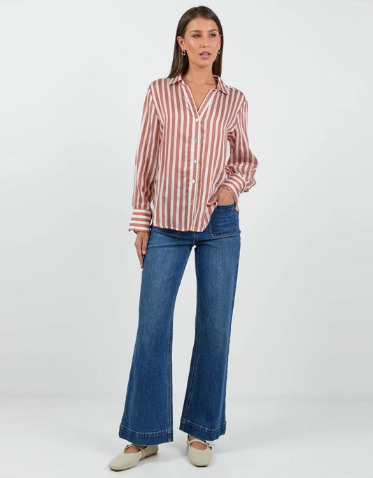 Among The Brave Narrative Semi Sheer Long Sleeve Shirt (Ochre Stripe)
