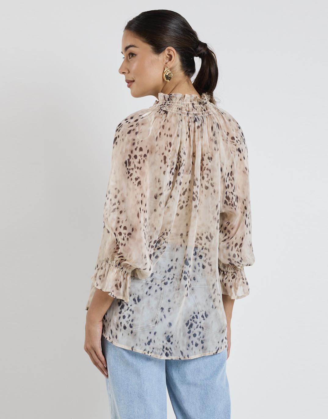 Among The Brave Odyssey Shirred Neck Top Beige Animal (Georgette)
