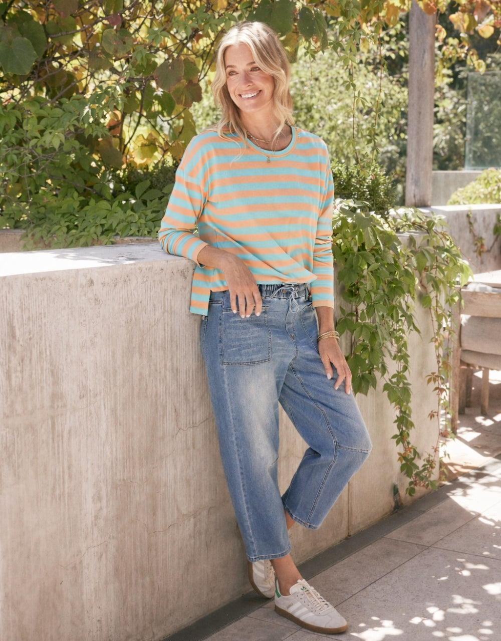 Image of T-Shirts. Productname: Relaxed Long Sleeve T-Shirt - in Aqua/Peach Stripe colour by brand - White & Co.