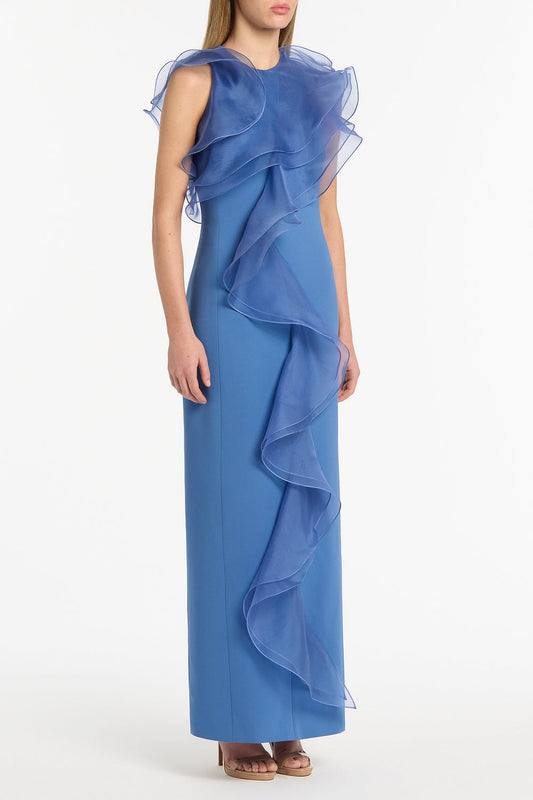 Carla Zampatti Atlas Crepe Ruffle Front Gown (Blue)