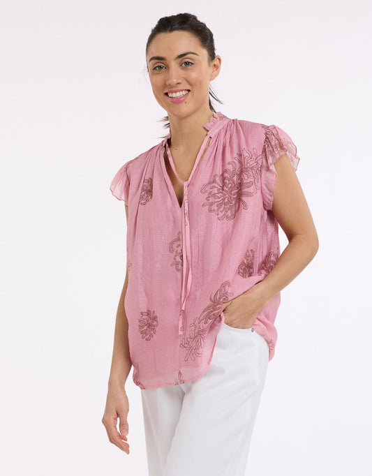 Beautiful Stories Frill Neck Top (Choc/Pink)