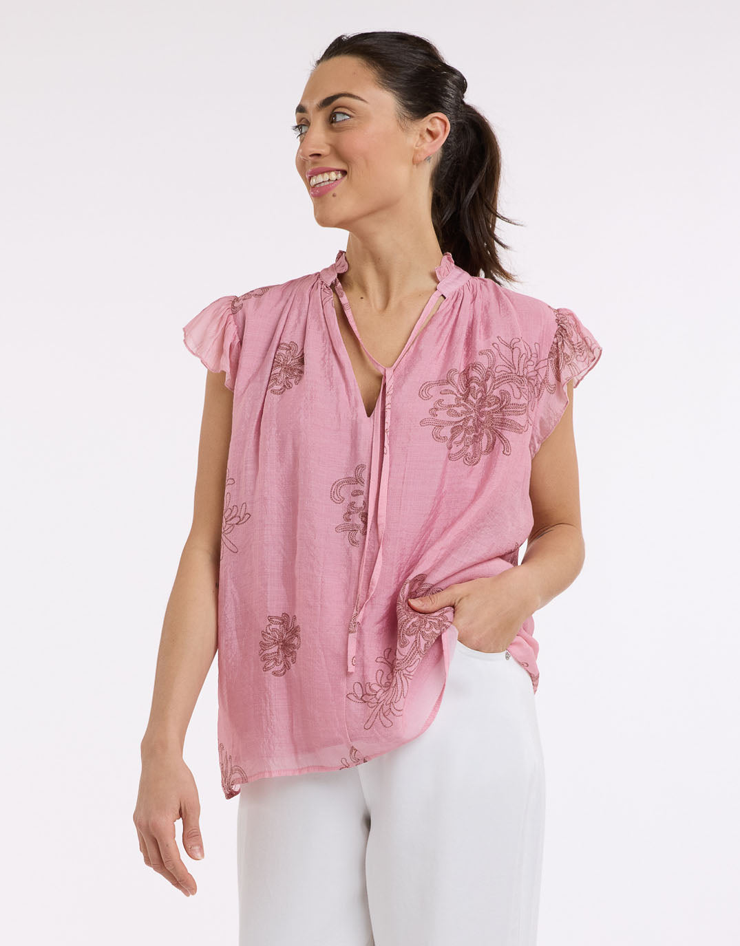 Beautiful Stories Frill Neck Top (Choc/Pink)
