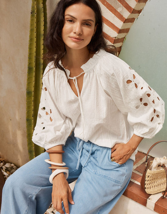 Betty Basics Daisy Broderie Blouse (White)