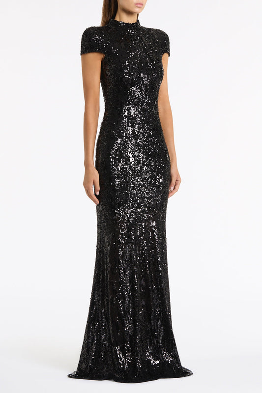 Carla Zampatti Cascade Sequin Raglan Sleeve Gown (Black)