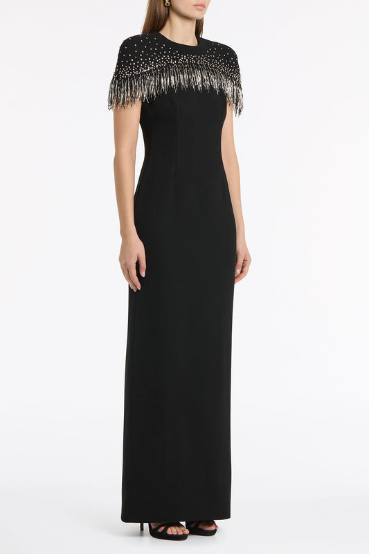 Carla Zampatti Crepe Fringe Cape Gown (Black)