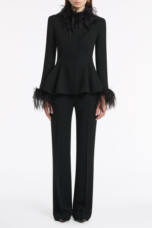 Image of Coats & Jackets. Product name - Black Crepe Peplum Feather Jacket in Black colour by brand - Carla Zampatti