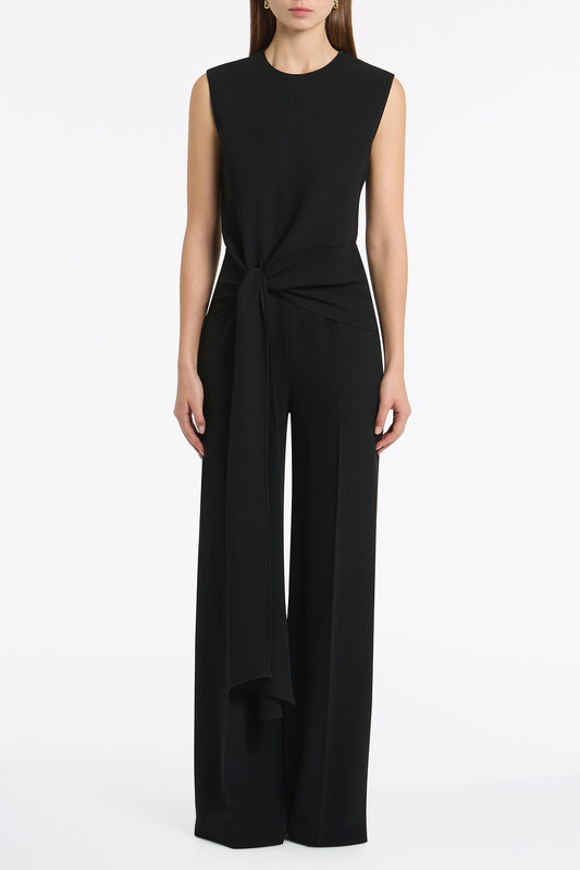 Image of Bodysuits. Product name - Black Crepe Waisted Tie Front Jumpsuit in Black colour by brand - Carla Zampatti