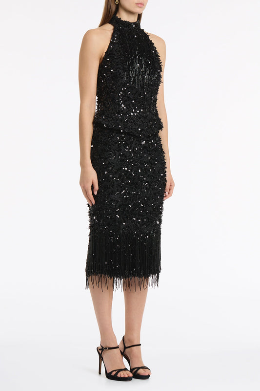 Carla Zampatti Fringe Sequin Lace Bodice (Black)