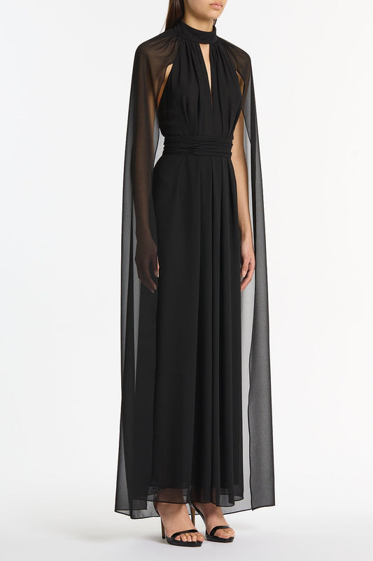 Carla Zampatti Georgette Halter Cape Gown (Black)