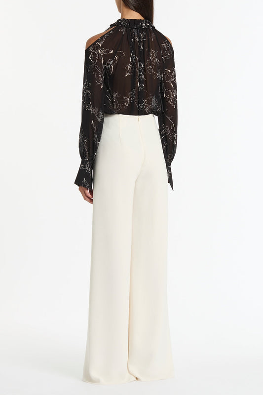 Carla Zampatti Linear Floral Ruffle Blouse (Black)