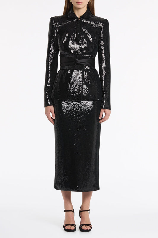 Image of Coats & Jackets. Product name - Black Liquid Sequin Fitted Double Breasted Jacket in Black colour by brand - Carla Zampatti