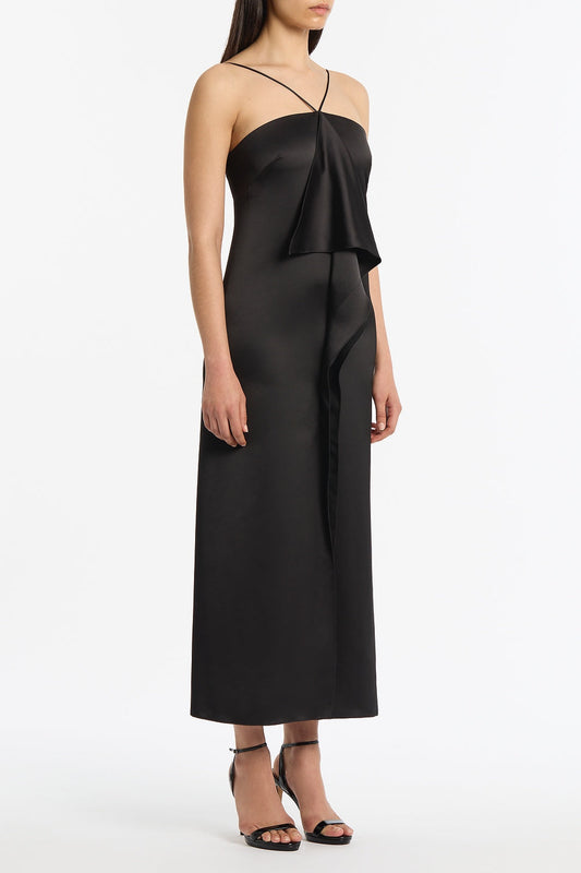 Carla Zampatti Lustre Satin Frill Front Dress (Black)