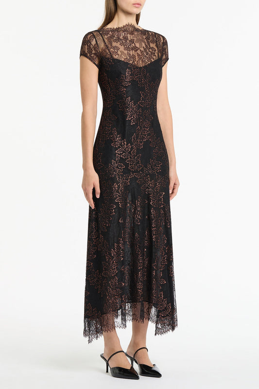 Carla Zampatti Metallic Lace Cap Sleeve Midi Dress (Black)