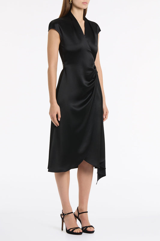 Carla Zampatti Satin Acetate Cap Sleeve Wrap Midi Dress (Black)