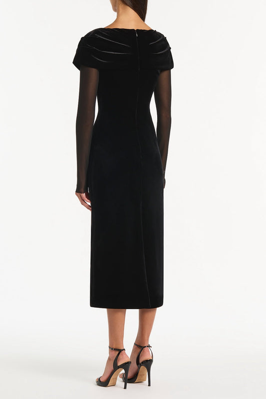Carla Zampatti Velvet Mesh Draped Shoulder Midi Dress (Black)