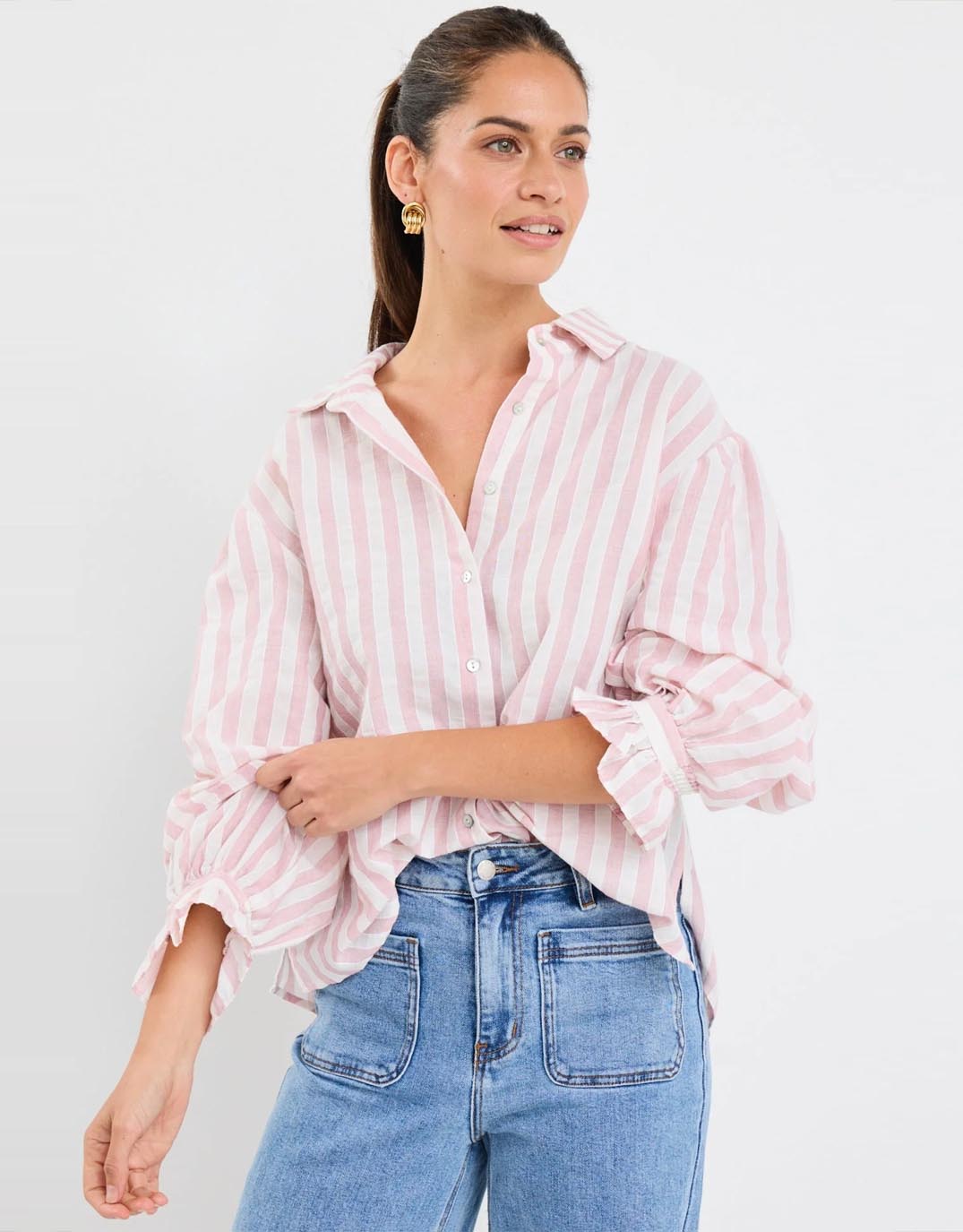 By Rosa Connection Button Front Blouse (Pink Stripe)