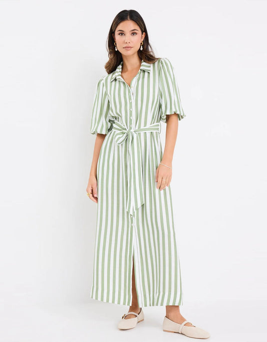 Kindred Puff Sleeve Midi Shirt Dress - (Moss Stripe)